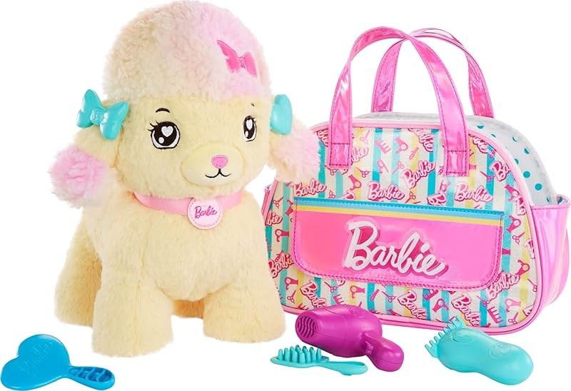 Mattel Barbie Plush Toy Playset, Hairdresser Poodle Stuffed Animal with Lights & Sounds, Plus Themed Purse & 6 Accessories, Salon Pet Adventure - Product Image