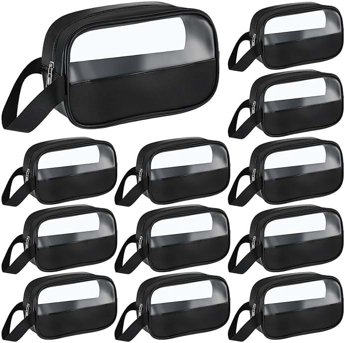 Buryeah 12 Pieces Toiletry Bags Bulk for Women Men Translucent Small Travel Makeup Pouch Portable Waterproof Organizer Set for Accessories Toiletries Gifts for Wedding(Black) - Product Image