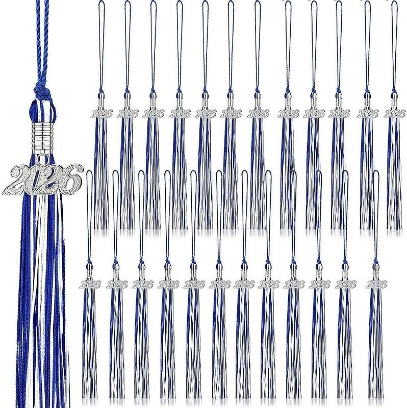24 Pieces Graduation Tassels with 2026 Year Date Charms Grad Graduation Cap Tassel Decoration for 2026 Party Gifts Activities, 16.2 Inch(Royal Blue, White, Silver) - Product Image