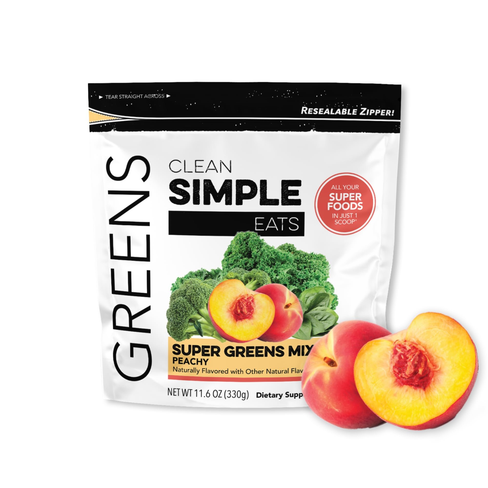 Clean Simple Eats Super Greens Powder, Naturally Flavored Greens Powder with Chlorella, Spirulina, Superfoods & Prebiotic Fiber, No Artificial Ingredients, Gluten Free, Peachy Greens Flavor, 30 Srvgs - Product Image