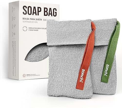 ZOMCHI Soap Saver Bags for Bar Soap, 2 Pack, Gentle Texture Grey | Nylon mesh helps create rich lather, hanging loop, quick drying design, roomy pouch for bath and shower routines - Product Image