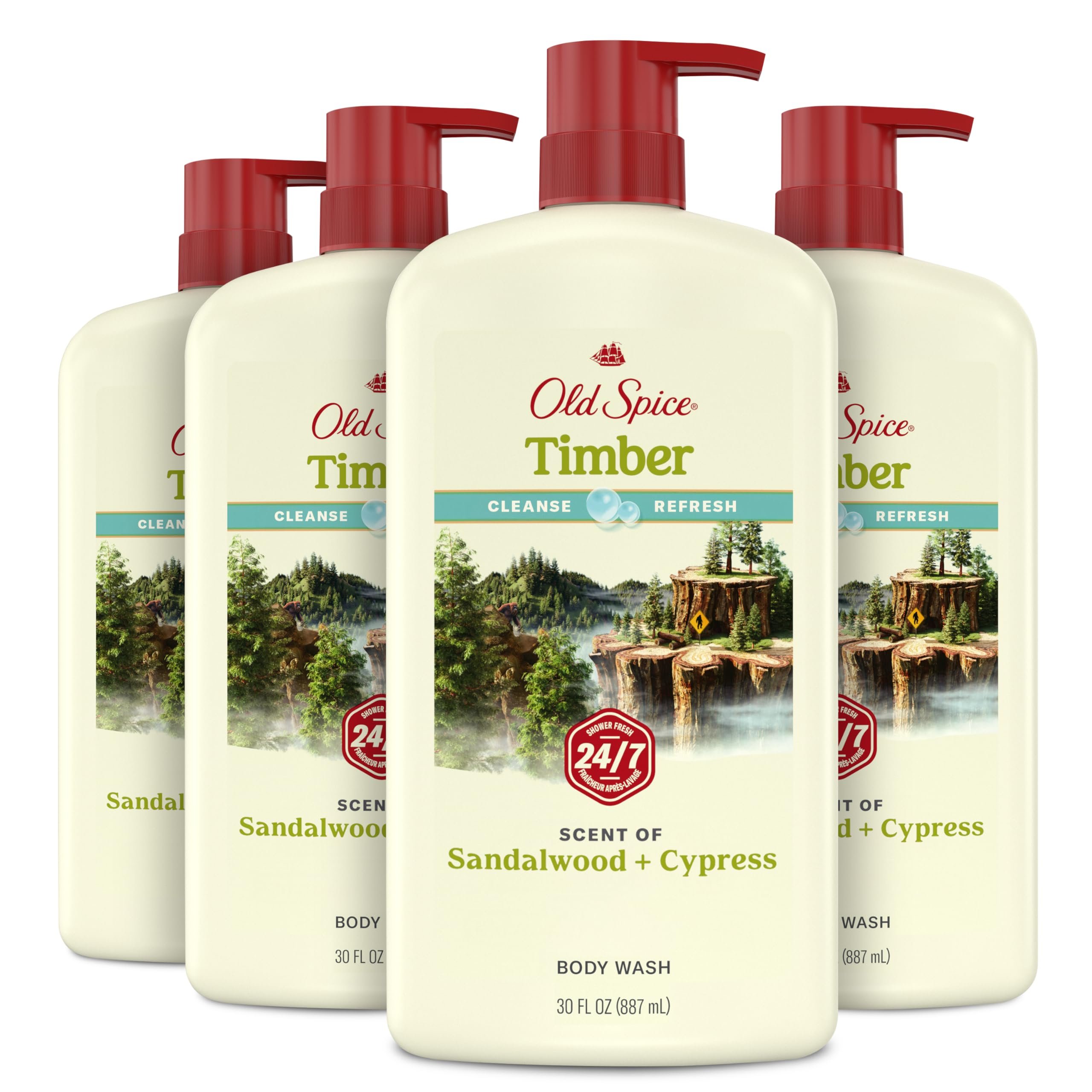 Old Spice Cleansing Body Wash for Men, 24/7 Shower Fresh with Lasting Scent, Cleanse & Refresh, Gentle on Skin, Vitamin B3, Timber with Sandalwood + Cypress Scent, 30 oz (Pack of 4) - Product Image