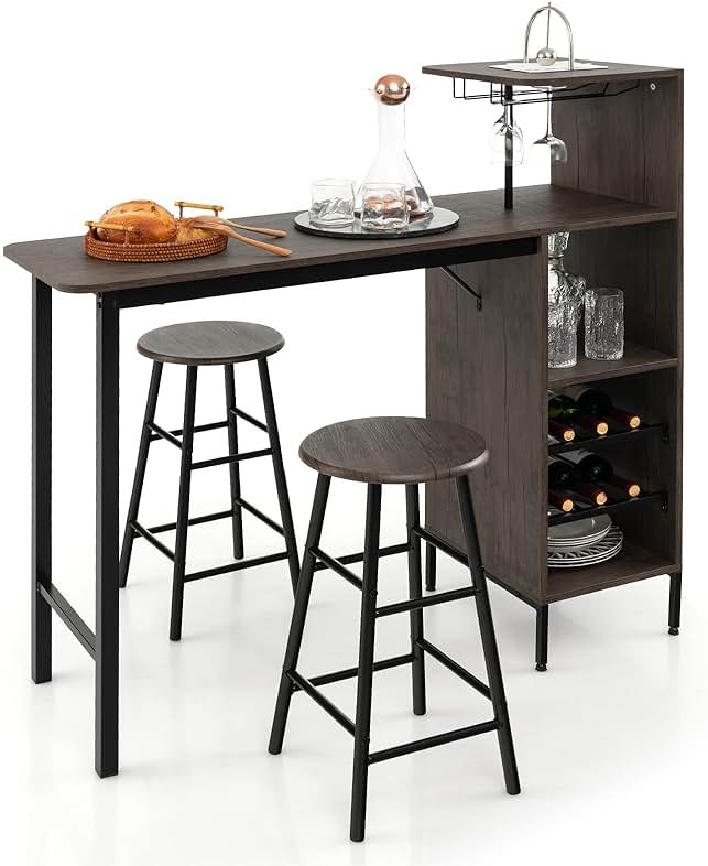 GOFLAME Bar Table Set for 2, Counter Height Dining Table Set with Shelves, Cup Holder & Wine Rack, Breakfast Table & Stools Set, 3-Piece Pub Table Set for Kitchen, Dining Room, Brown - Product Image