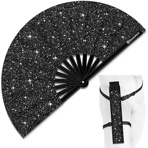 Raveahem Glitter Large Rave Folding Clack Hand Fan with Holster, Popping Handheld Fan Foldable for Men Women for EDM Festival Club Party Dance, (Black, Large 13") - Product Image