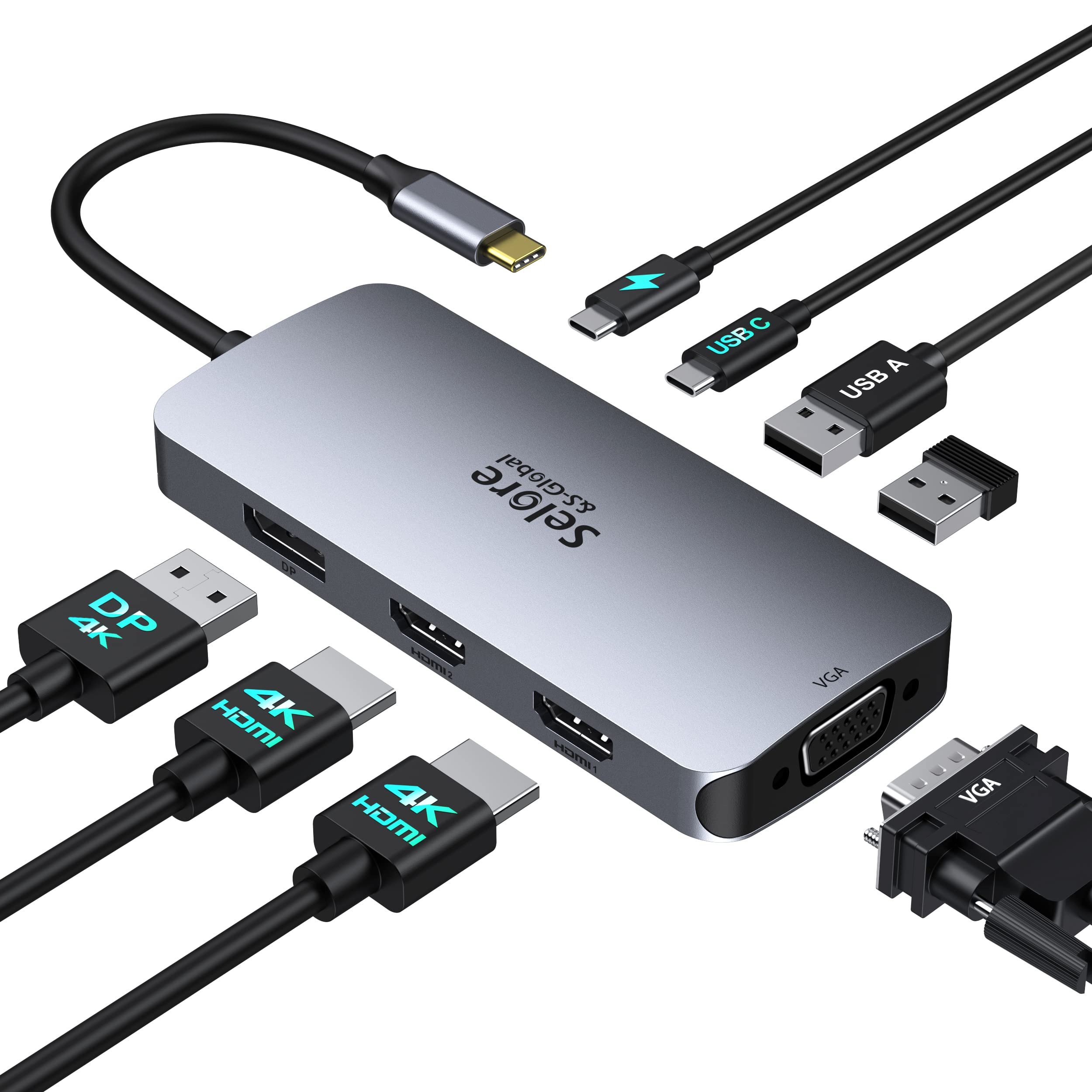 USB C Docking Station Dual HDMI Monitor Adapter, Selore USB C Hub 3 Monitors with Dual HDMI, Displayport, VGA, 100W PD Charging, 3USB 2.0 Ports Adapter for Dell XPS, HP, Lenovo, etc - Product Image
