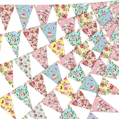 Faccito 49 Ft 60 Pcs Tea Floral Party Paper Bunting Decor Outdoor Bunting Banner Floral Pennant Wildflower Garland Tea Party Birthday Supplies for Wonderland Garden Baby Shower Bridal Wedding Bedroom - Product Image