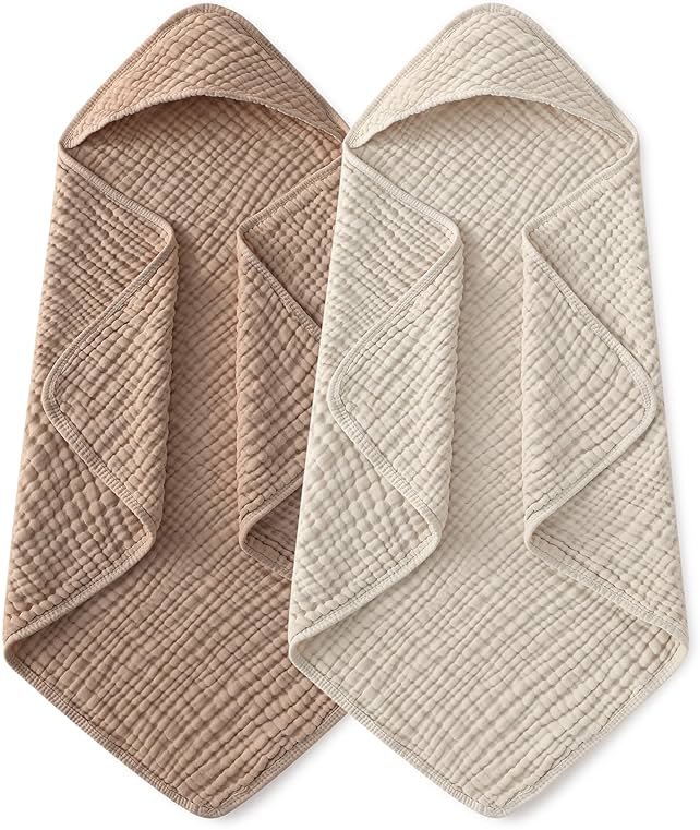 Yoofoss Hooded Baby Towels for Newborn 2 Pack 100% Muslin Organic Cotton Baby Bath Towel with Hood for Babies, Infant, Toddler and Kids, 32x32Inch, Soft and Absorbent Newborn Essential, Beige&Coffee - Product Image