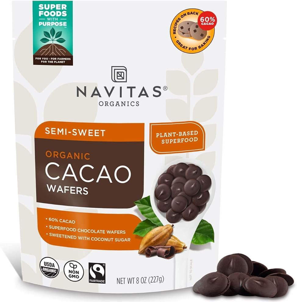 Navitas Organics Semi-sweet Cacao Wafers – 60% Cocoa – Dark Chocolate for Baking & Snacking – Ethically Sourced Chocolate – USDA Organic, Fairtrade, Non GMO, Gluten Free (8oz. Bag, 17 Servings) - Product Image