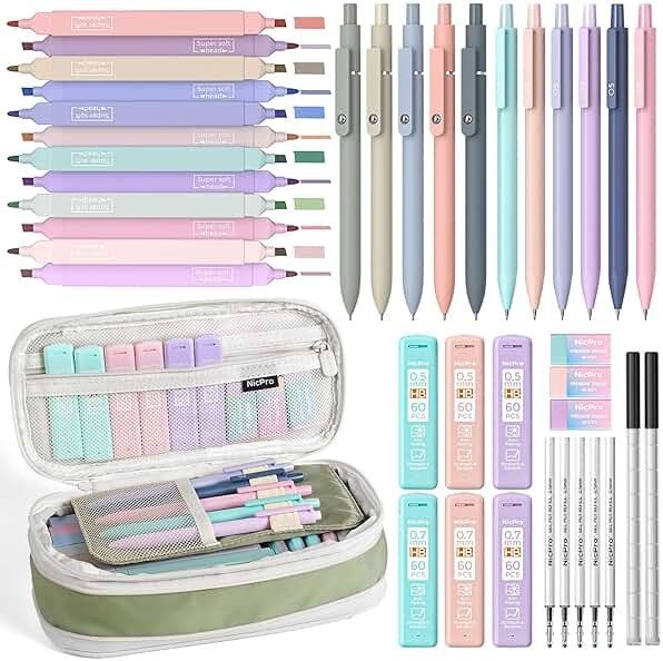 Nicpro 39 PCS Aesthetic School Supplies with Cute Pencil Case, 12 Color Pastel Highlighters, 5 Quick Dry Retractable Black Ink Pens, 6 Pastel Mechanical Pencil 0.5 & 0.7 mm for Student Stationary - Product Image