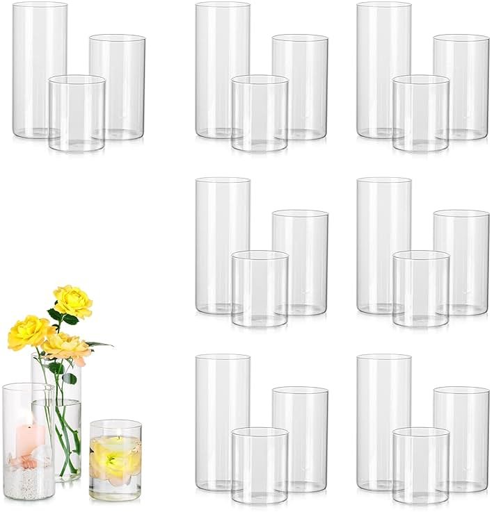 Glass Cylinder Vases Set of 24, Hewory Tall Clear Vase for Centerpieces, Glass Hurricane Candle Holders for Pillar Floating Candles, Round Vases for Wedding Events Table Decor, 2.6” in Diameter - Product Image
