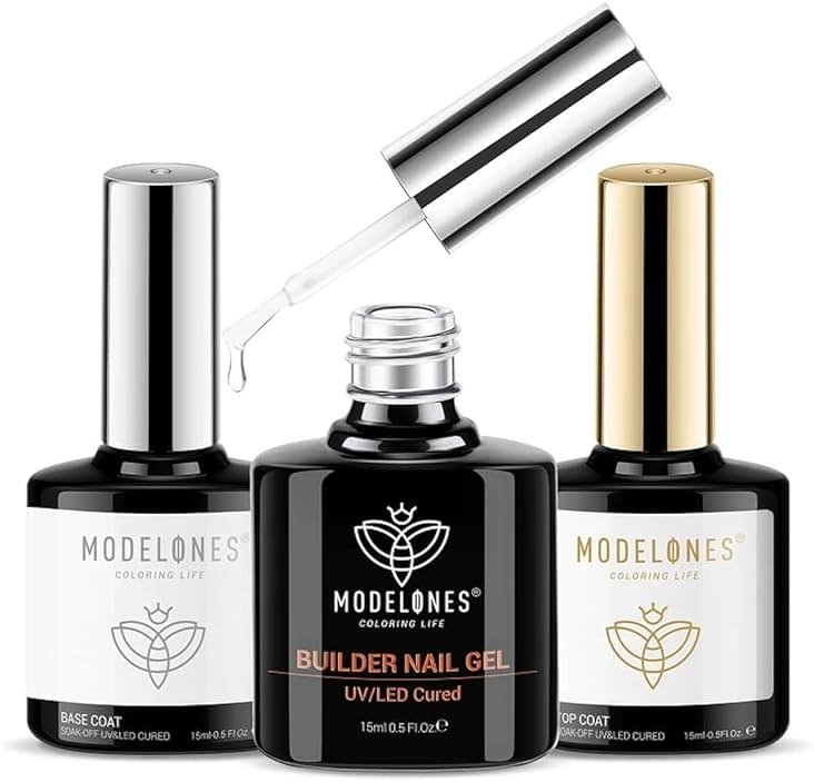 modelones Builder Nail Gel with Gel Top Coat, 3Pcs Clear Builder Nail Kit for Thickening Apex Building Extension Rhinestone Gel Tips Glue, U/V LED Lamp Cured for Home DIY Salon Girls - Product Image