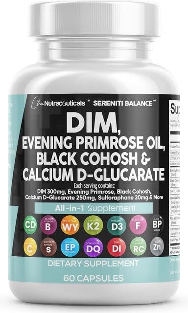Clean Nutraceuticals DIM Evening Primrose Black Cohosh Calcium D-Glucarate Sulforaphane Flax Seed Extract - Hormonal Support Vitamins for Women with Dong Quai - 60 Caps - Product Image