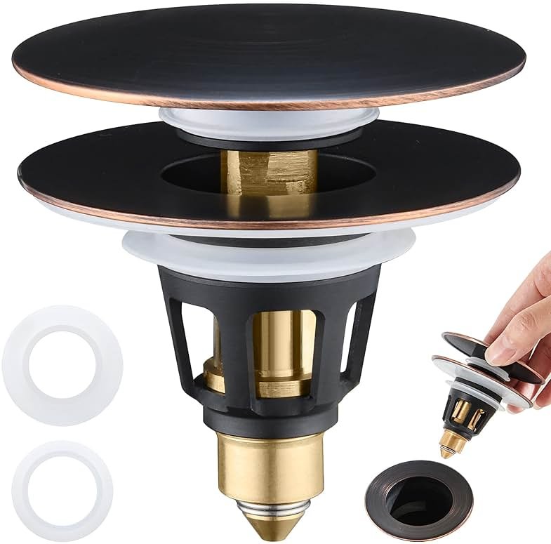 PerPaiMe Universal 3-in-1 Bathroom Sink Stopper - Pop Up Sink Drain Stopper, Push Button Sink Drain Stopper Replacement, Wash Basin Drain Filter Plug with Anti-Clogging Strainer, Oil Rubbed Bronze - Product Image