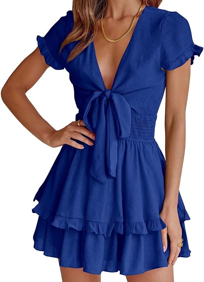 PRETTYGARDEN Women Summer Short Dress 2026 Casual V Neck Short Sleeve Tiered Bow Mini Sun Dresses Beach Vacation Sundress - Product Image