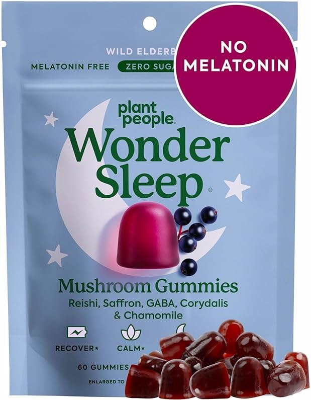 Plant People WonderSleep Mushroom Gummies Supplement for Sleep, No Melatonin Sleep Gummies with Reishi Mushroom, Saffron & Chamomile, Wild Elderberry Flavor, Sugar-Free (60 Count) - Product Image