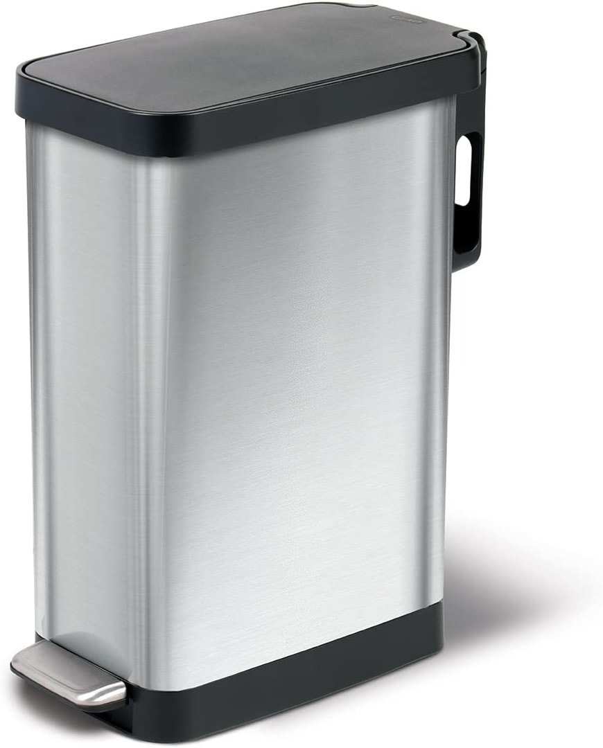Glad Slim Trash Can with Clorox Odor Protection - Narrow Kitchen Garbage Bin with Soft Close Lid, Step On Foot Pedal and Waste Bag Roll Holder, Stainless Steel, 12 Gallon/45 Liter - Product Image