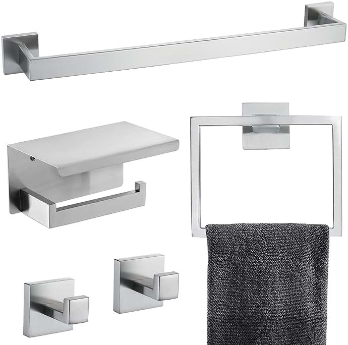 Brushed Nickel Bathroom Towel Bar Set Bathroom Accessories Hardware Set Including Towel Bar Towel Ring Coat Hook and Toilet Paper Holder with Shelf. Wall Mounted Stainless Steel - Product Image