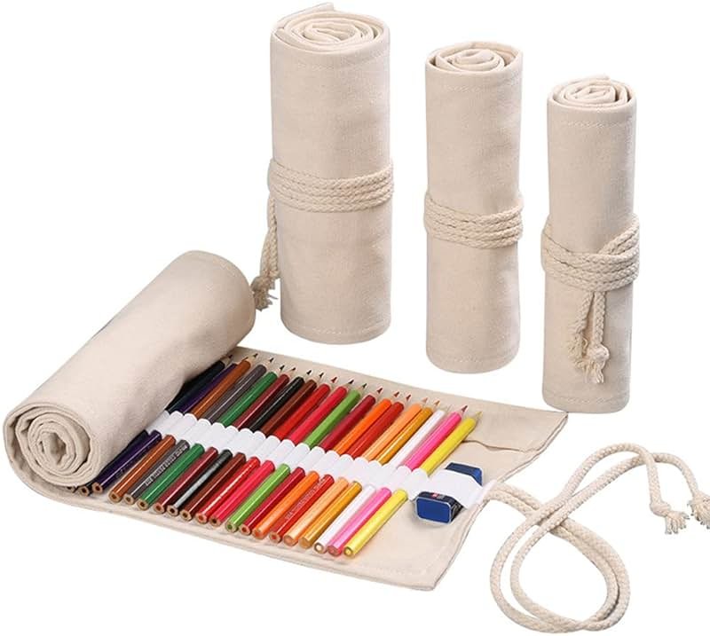 DIYOMR 24/36/72 Slots Pencil Wrap Pencil Rolls, Artist Colored Pencils Roll Up Bag Short Brushes Pouch Case Pencils Organizer for Drawing Coloring and Sketching (White, 72slots) - Product Image