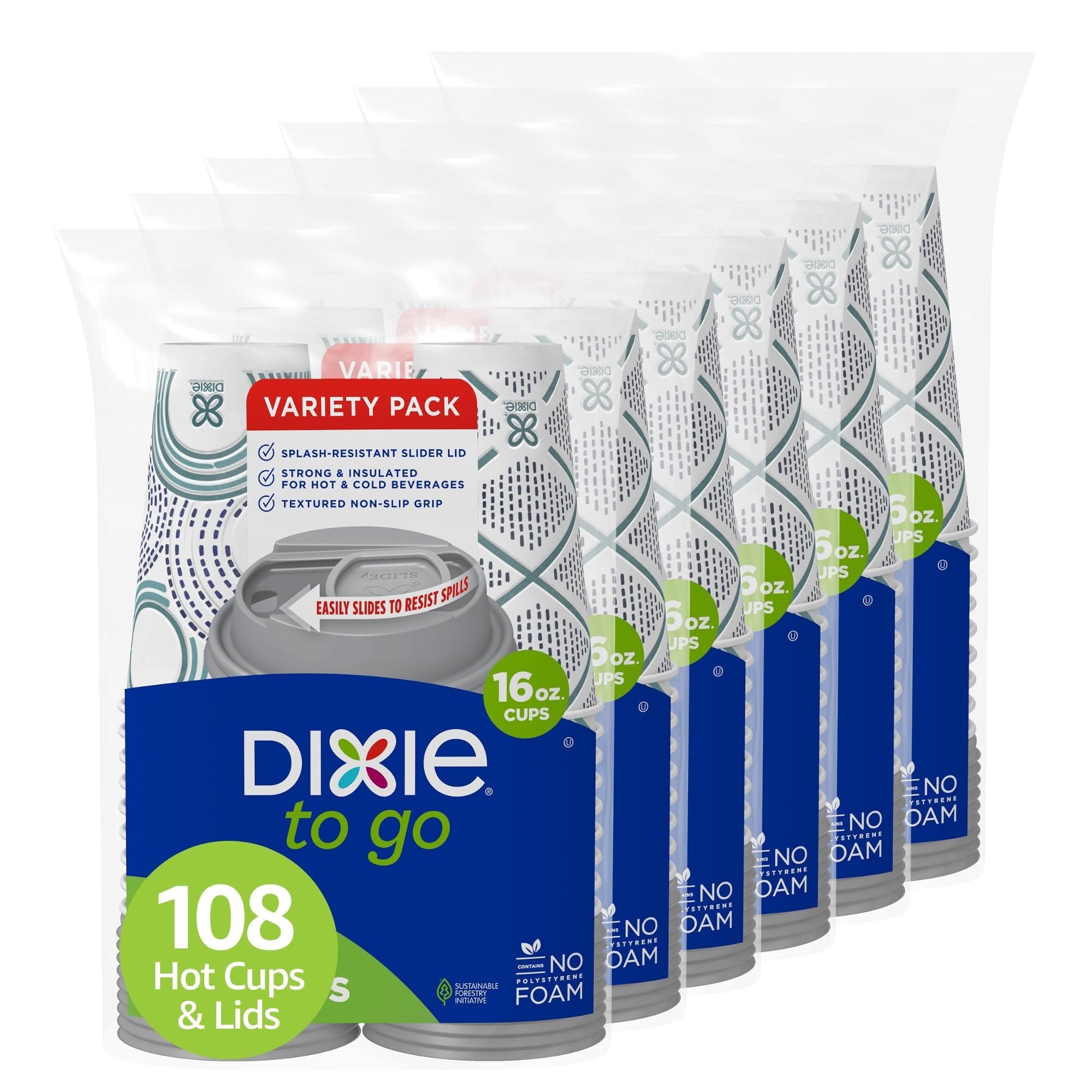 Dixie To Go Paper Coffee Cups With Lids, 16 oz, 108 Count (6 packs of 18 cups), Disposable Insulated Paper Cups for On-The-Go Hot or Cold Beverages - Product Image