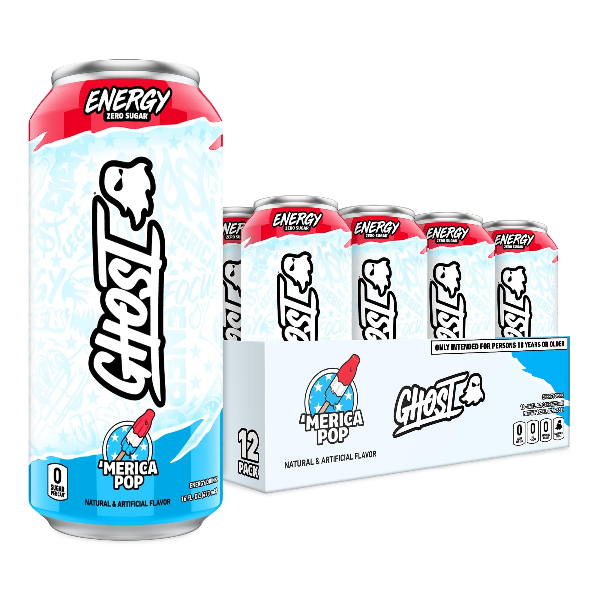 GHOST Energy Drink - 12-Pack, 'Merica Pop, 16oz Cans - Energy & Focus & No Artificial Colors - 200mg of Natural Caffeine, L-Carnitine & Taurine - Gluten-Free & Vegan - Product Image