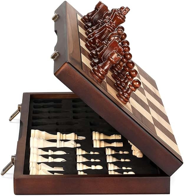 Magnetic Wooden Chess Set for Adults Kids 15'' Chess Board with Handmade Pieces, Folding Portable Travel Unique Chess Sets Game for Tournament Professional Beginner - Product Image