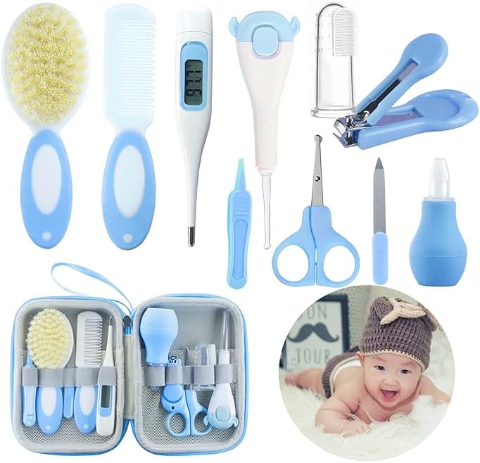 ZELINYE Baby Care Kits,Baby Grooming Kit,10 in 1 Newborn Essentials Must Haves,Baby Nail Clippers Baby Brush Baby Comb Earpick Nose Cleaning Tool Baby Nail File Nursing Baby Kit （Blue） - Product Image