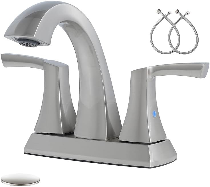 VXV Bathroom Faucet Brushed Nickel, 2 Handles Low Arc Bathroom Sink Faucets, 4 Inch Centerset Bath Lavatory Faucets with Pop-up Drain & Faucet Supply Lines (BN) - Product Image