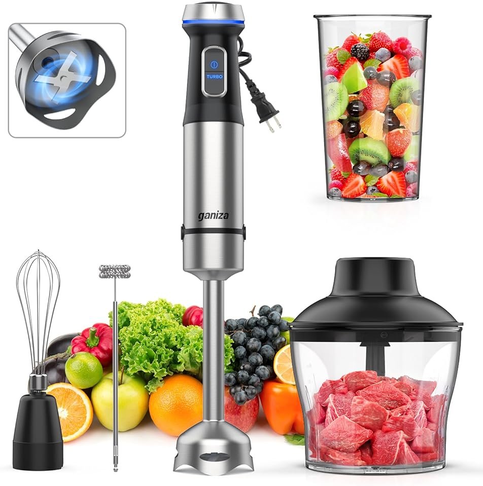 Ganiza Immersion Blender 5 in 1 Hand Blender Max 1000W Heavy Duty Motor, 16 Speed Mode Handheld Blender Stainless Steel Blade With 800ml Mixing Beaker, 600ml Chopper, Whisk and Milk Frother - Product Image