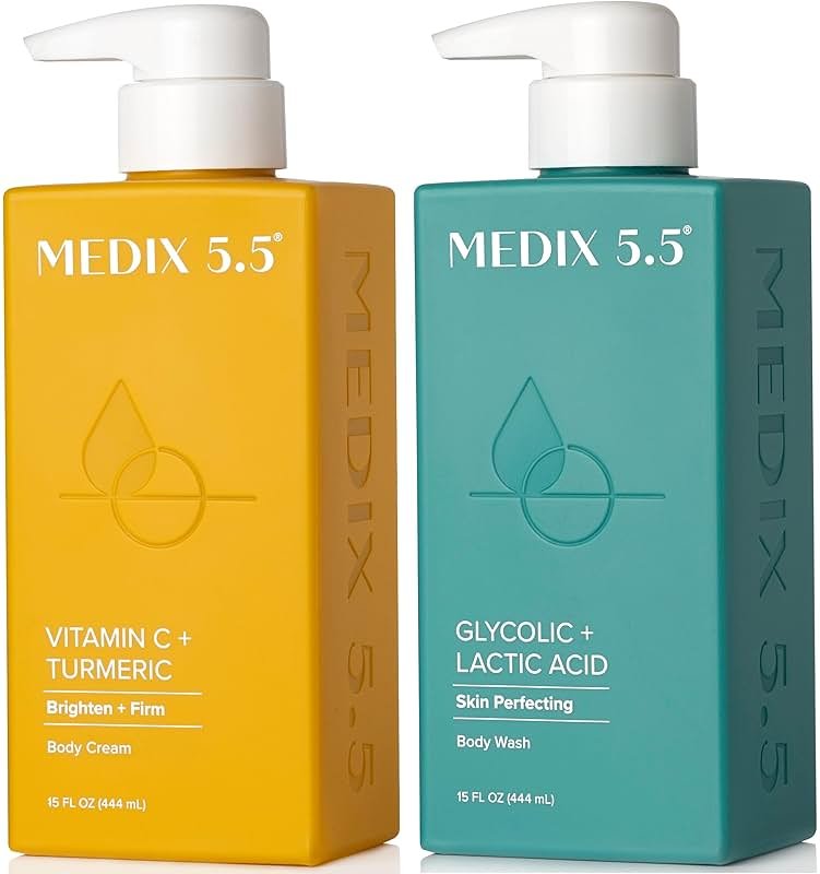 MEDIX 5.5 Exfoliating AHA Glycolic Acid Face & Body Wash Cleanser + Vitamin C Moisturizing Body Cream Lotion Skin Care 2PC Set | Alpha Hydroxy Acid & Lactic Acid Foaming Face Wash, 2-PC - Product Image