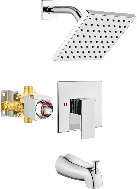 Heyalan Shower Faucet Set with Tub Spout, Bathtub and Shower Trim Kit with Valve, Single Handle Bathroom Shower Faucet Set 6 Inch Square Rainfall Shower Head, Polished Chrome - Product Image