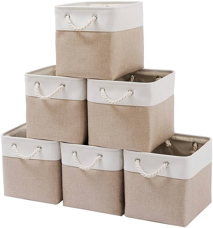 MidmmVick 11 x 11 Inch Cube Storage Bins, 6 Pack Large Collapsible Fabric Storage Bin with Ropes, Foldable Storage Cubes for Home, Office,Closet, Clothes, Toys Organizer (White & Beige-11"x11"x11") - Product Image