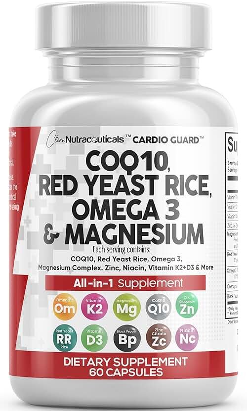 Clean Nutraceuticals COQ10 200mg Red Yeast Rice Omega 3 Magnesium Complex 500mg Niacin Zinc Vitamin K2 D3 - Heart Support Vitamins for Women & Men w/Vitamin B3, Coenzyme Q10-60 Ct - Product Image