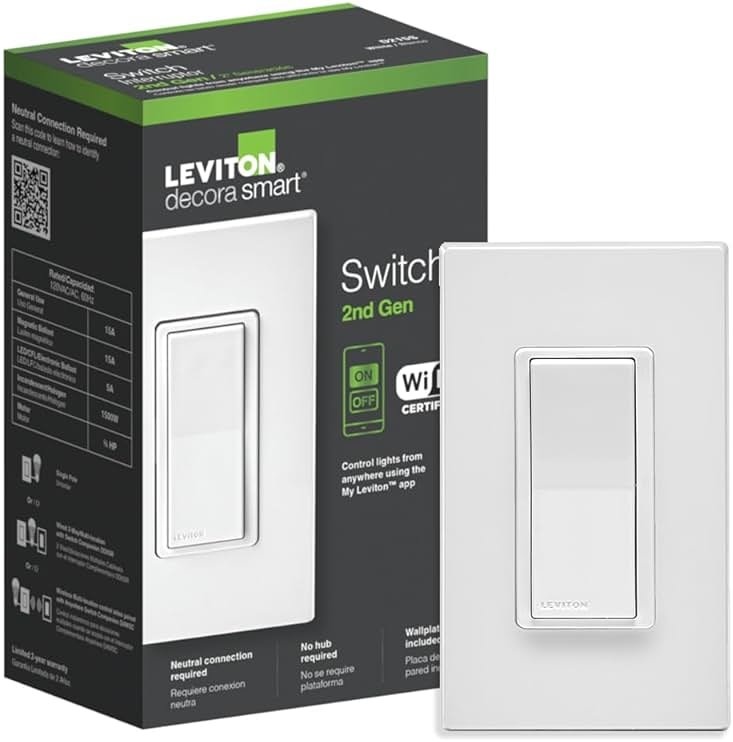 Leviton Decora Smart Switch, Wi-Fi 2nd Gen, Neutral Wire Required, Works with Matter, My Leviton, Alexa, Google Assistant, Apple Home/Siri & Wired or Wire-Free 3-Way, D215S-1RW, White - Product Image