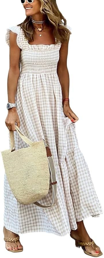 chouyatou Women's Retro Plaid Smocked Dress Spaghetti Strap Flounce Long Dress - Product Image