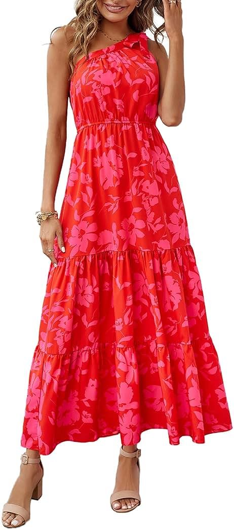 PRETTYGARDEN Women's Summer Floral One Shoulder Maxi Dress Knot Ruffle Boho Beach Vacation Wedding Guest Long Sun Dresses - Product Image