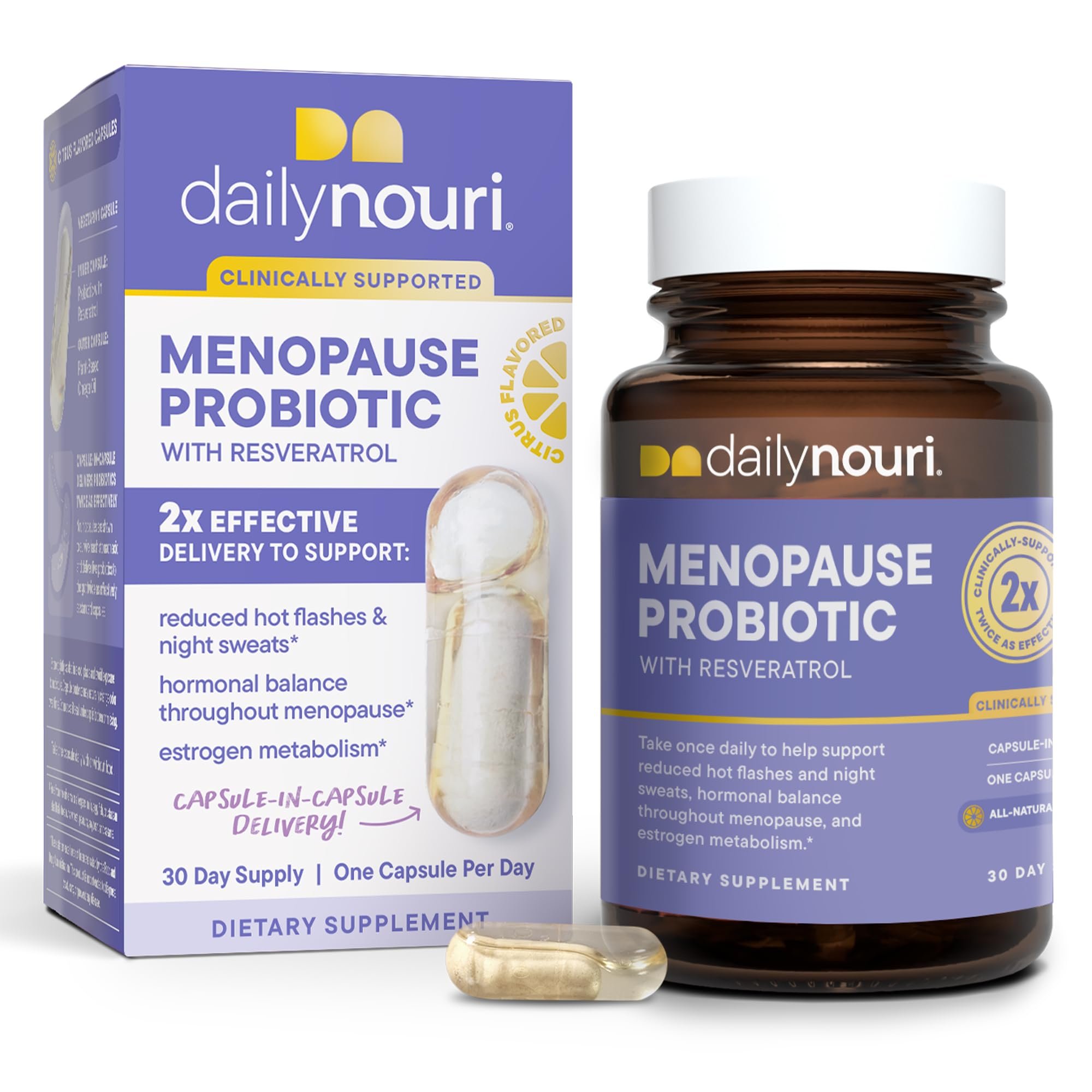 Daily Nouri Menopause Probiotics for Women | Hormonal Balance, Hot Flashes, Night Sweats & Gut Health | 3 Clinically Studied Strains + Resveratrol & Omega | 30-Day Supply - Product Image