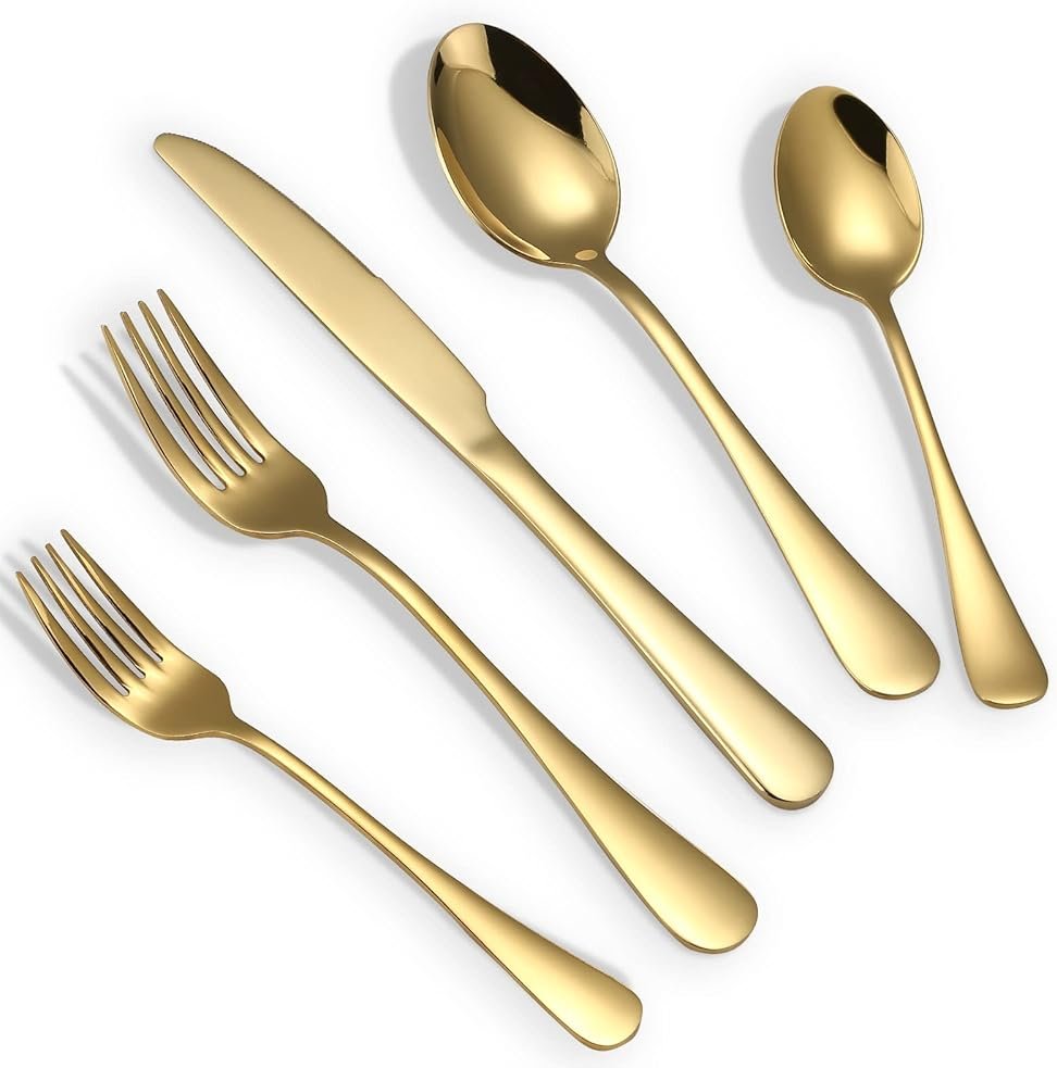 Briout Gold Silverware Set, 20 Piece Golden Cutlery Set Service for 4, Stainless Steel Flatware Set Include Spoons Forks Knives Tableware Utensil Set for Kitchen Home Restaurant, Shiny Gold Polished - Product Image