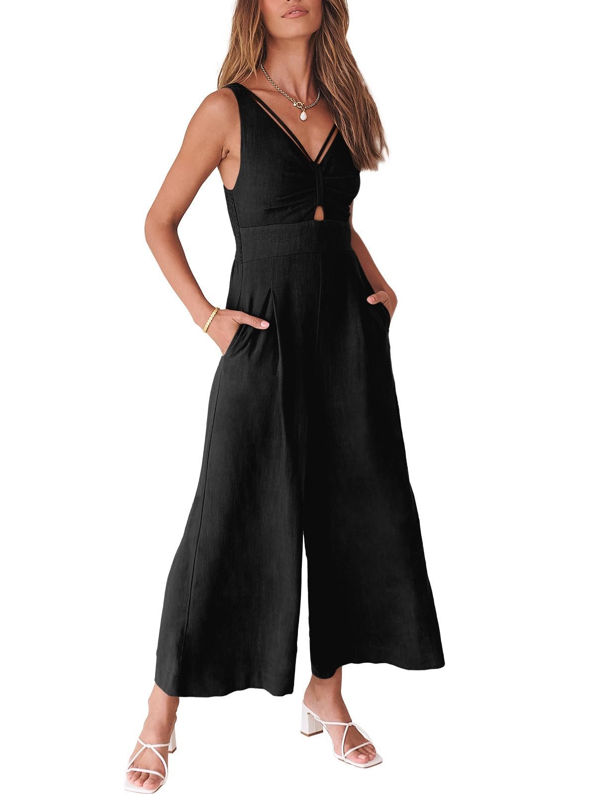 ANRABESS Womens Summer Linen Wide Leg Sleeveless Jumpsuits | V Neck Cutout High Waist Rompers, Breathable Lightweight, Beach Vacation Pants Outfit, Casual Dressy, Fall Winter Resort Wear - Product Image