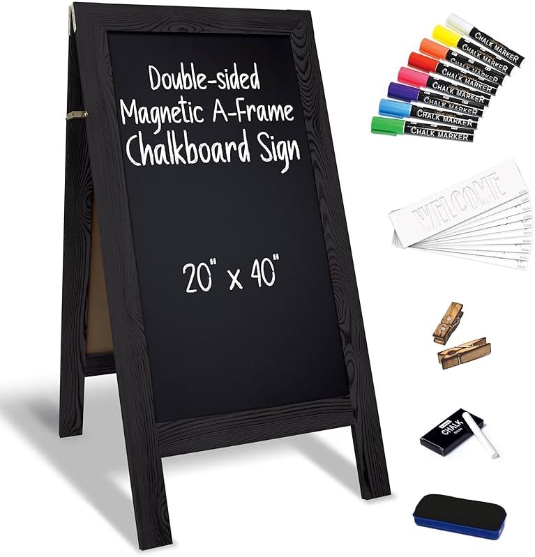 Better Office Products Magnetic A-Frame Chalkboard Sign, Extra Large 20" x 40", Standing Chalkboard Easel, Deluxe Set with Multiple Accessories, Outdoor Sidewalk Sandwich Board Sign,(Black) - Product Image