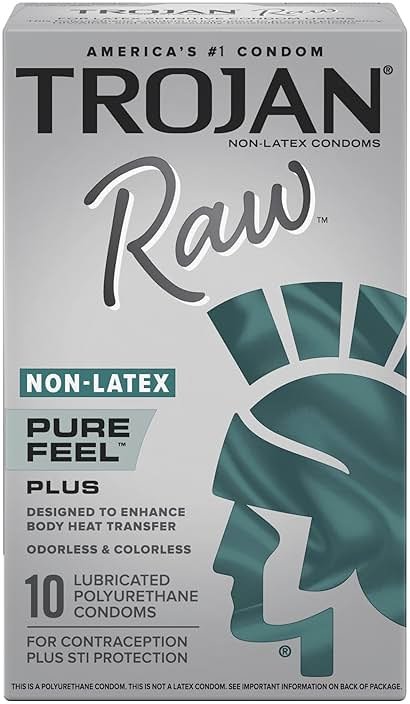 Trojan Raw Non-Latex Lubricated Thin Condoms for Men, America’s Thinnest Latex-Free Condoms, Pure Feel Technology, Made from Polyurethane, Helps Reduce Risk of Pregnancy and STIs, 10 Count - Product Image