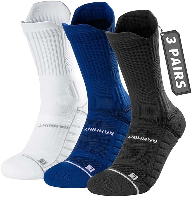 Compression Running Socks 3 Pairs, Cushion Crew Socks, Anti-Blister Moisture Wicking Athletic Hiking Basketball Socks - Product Image