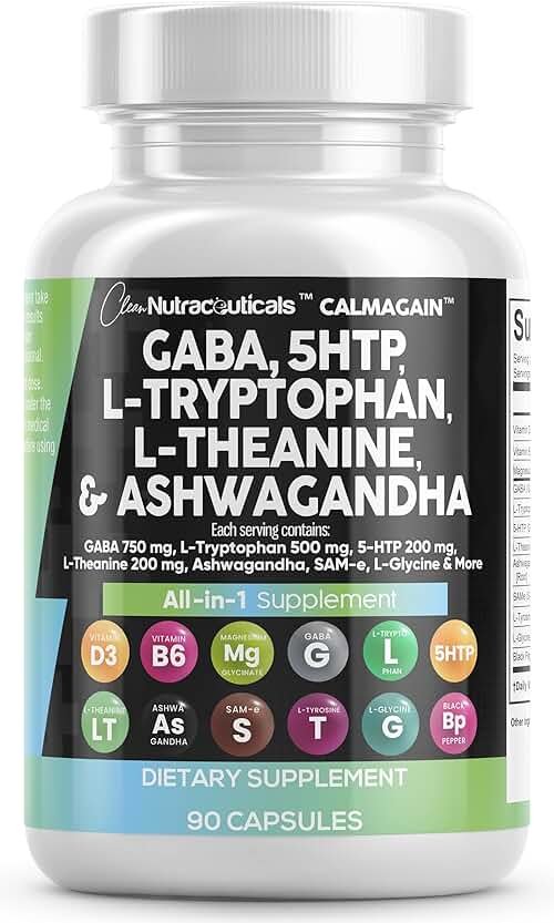 Clean Nutraceuticals GABA 750mg 5 HTP 200mg L Tryptophan 500mg L Theanine 200mg Ashwagandha SAM-e L-Glycine - Mood Support Vitamins for Women and Men with L-Tyrosine 5-HTP (5-Hydroxytryptophan) - Product Image