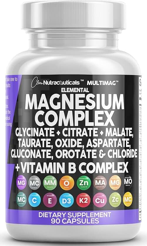 Clean Nutraceuticals Magnesium Complex with Magnesium Glycinate Citrate Malate Oxide Taurate Aspartate Orotate & Mag Chloride, Zinc Copper Manganese & Vitamin C B1 B2 B6 B12 Complex - 1Pack - Product Image