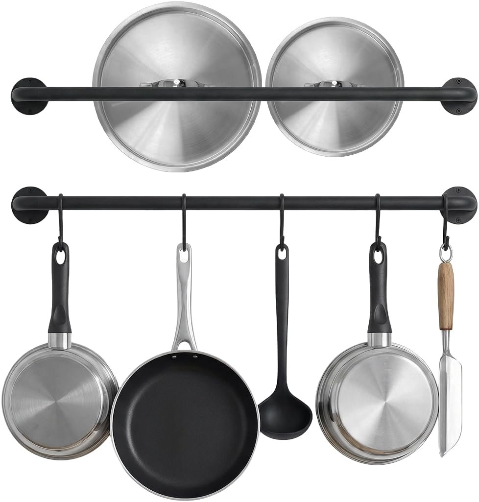 Conwithna Black Steel-made Kitchen Utensil Rack Organizer Wall-mounted Pot Pan Wall Hanger Holder For Hanging Rail with 10 S Hooks - Product Image