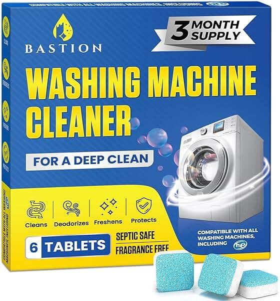 Bastion Washing Machine Cleaner, Deodorizer, & Descaler 6-Pack - Active Deep Cleaning Tablets For HE Front Loader & Top Load Washer, Septic Safe Eco-Friendly - 3 Month Supply - Product Image