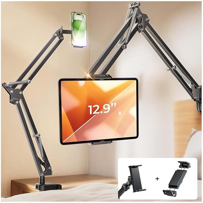 LISEN Tablet Stand iPad Stand for Desk Mount [Ultra Sturdy 2 Clamps] iPad Holder for Tablet Holder Mount Desk Accessories for Men fits iPad Air, iPad 12, iPhone 17e, 4-13" Device (Black) - Product Image