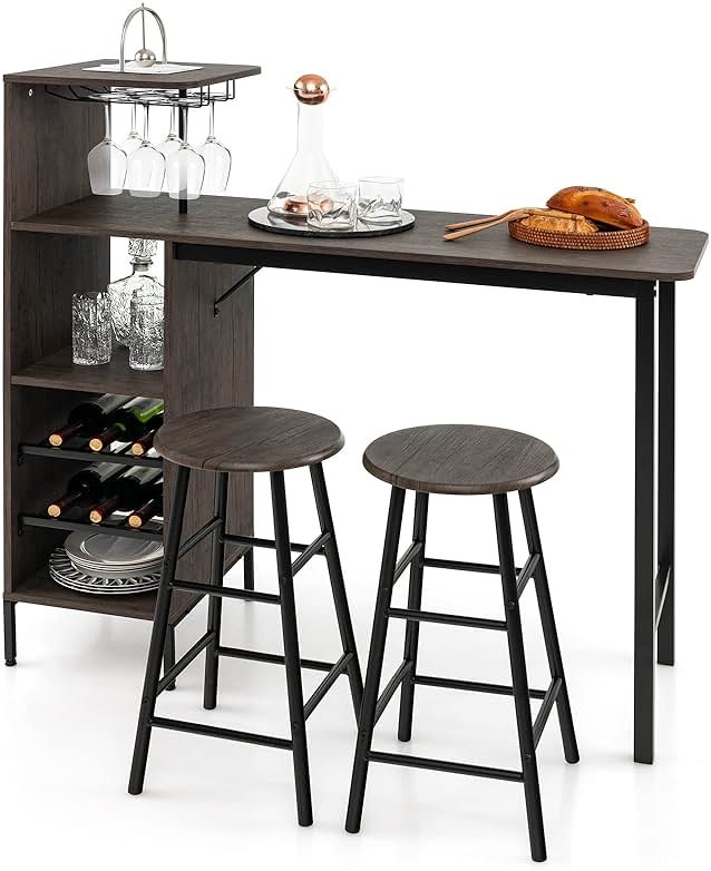 COSTWAY 3 Pieces Bar Table and Chair Set, Industrial Pub Table & Stools with Wine Glass Holders & 6-Bottle Wine Racks, Counter Height Dining Table Set for Living Room Dining Room Kitchen, Brown - Product Image