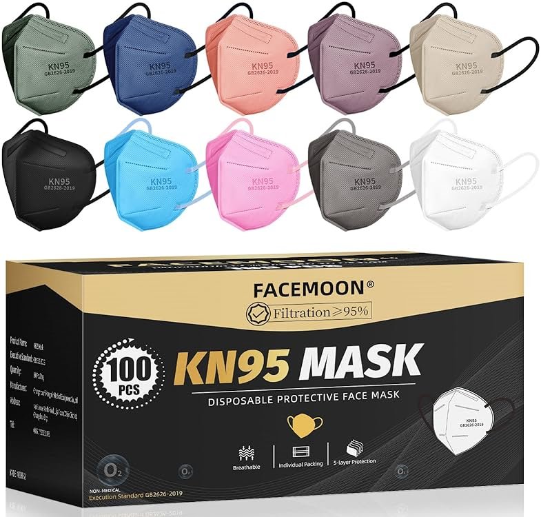 KN95 Face Masks Adults Disposable - 100 Pack KN95 Masks Protective Comfortable KN95 Masks 5-Layer KN95 Breathable Safety Face Masks & 5 Adjustable Mask Holder KN95 Masks 10 Colors - Product Image