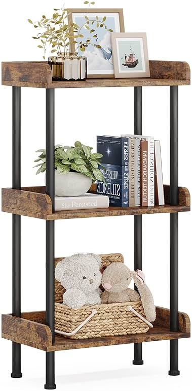 Hosfais Bookshelf Small Book Shelf, 3 Tier Wood Bookcase Industrial Bookshelf Metal Standing Book Shelves Display Book Rack for Living Room Bedroom Home Office (Rustic Brown) - Product Image