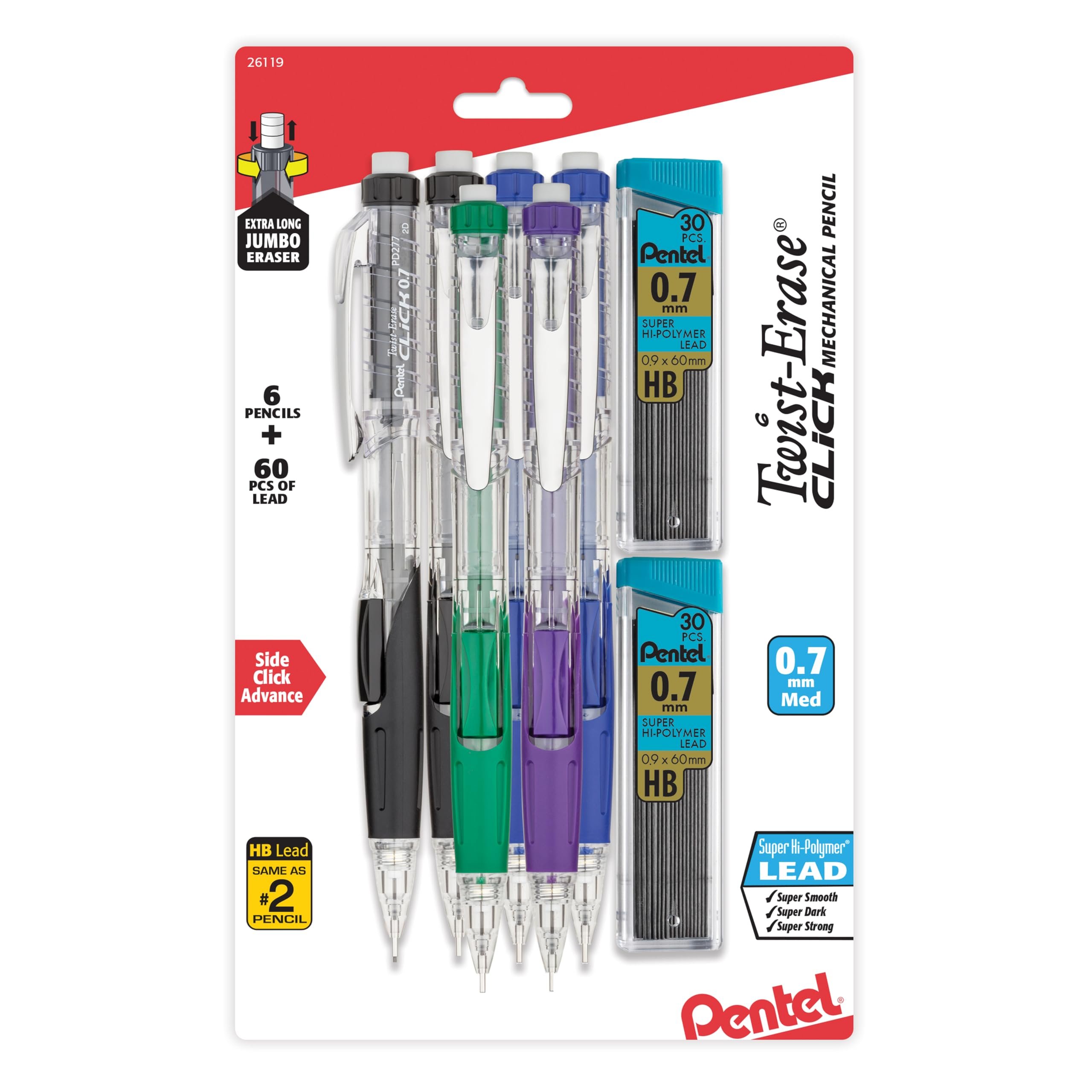 Pentel Twist-Erase Click Mechanical Pencil (0.7mm), Pack of 6 Pencils with 2 Pack of Lead Refills (PD277TLBPS6M) - Product Image
